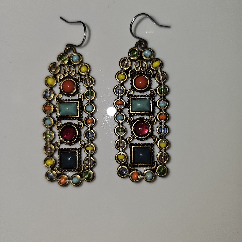 Boho Vintage Dangle Earrings Ornate Metal Colored Stones Beads